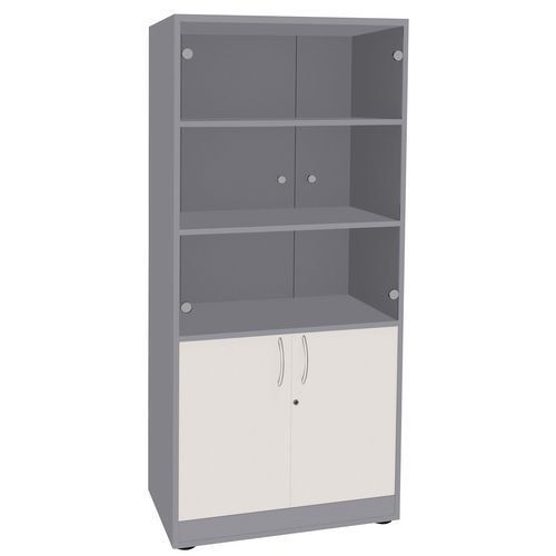 Bibliothèque Quatuor 2portes Verre+2pleines Blanc/alu