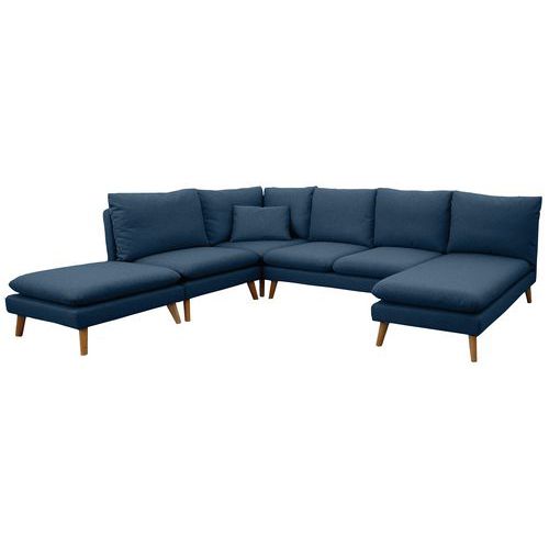 MMP - Canapé Riga 6 places Bleu Tissu Polyester Chiné - Espace Détente Confortable - 4 Pieds Bois Massif