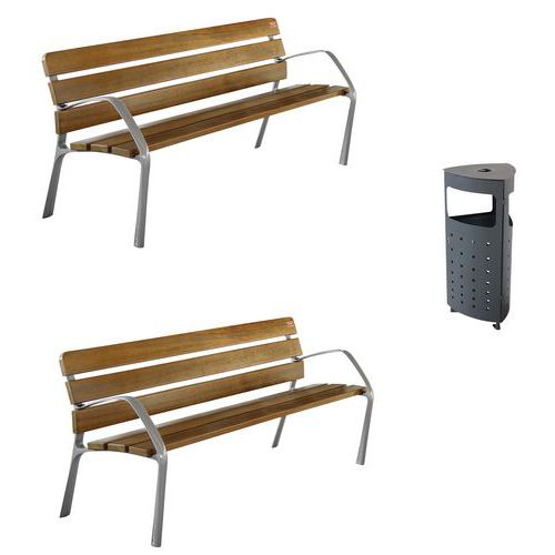 Set 2 Bancs 180cm Bcn21 Fsc Nat Acc. Et 1 Poubelle Star 60l