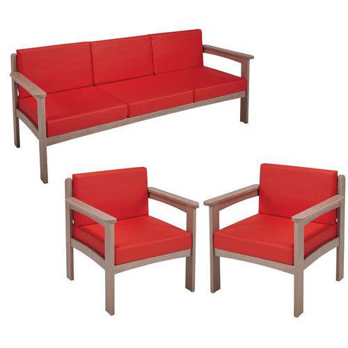Pack Autize : 1 Canapé 3pl+2 Fauteuils Structure Taupe Pvc Rouge