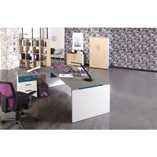 Bureau Linéo 140x80 Chêne Gris Pied Panneau Blanc/bleu Argile