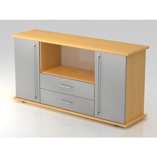 Armoire Basse À Portes Et Tiroirs Sb-plastique-hêtre-argent