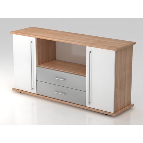 Armoire Basse À Portes Et Tiroirs Sb-plastique-noyer-blanc