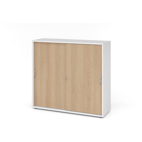 Hammerbacher - Armoire de bureau portes coulissantes courbées - 3 cases - Blanc/Chêne - 1100x400mm - Éco-responsable