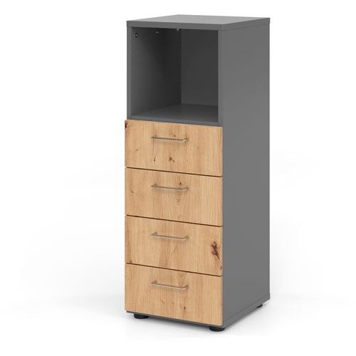 Hammerbacher - Étagère 4 tiroirs Advanced Graphite Chêne Ambré - Bois MFC Éco-responsable - 1100x417x420mm