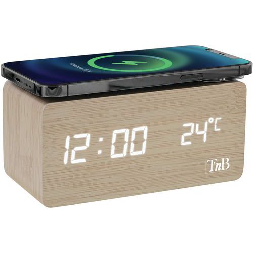 TNB - Réveil LED Bois avec Chargeur Induction Joy - Marron/Beige - Numérique - 15.5cm
