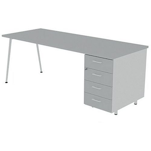 Bureau Plateau 160x80cm Hb 6 Tiroirs Gris Pieds Blanc