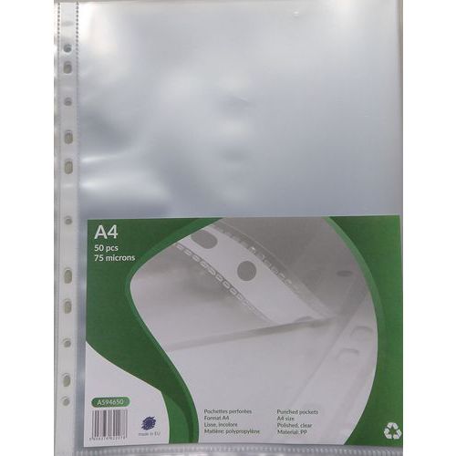 Lot de 6 - Sachet 50 Pochettes Polypro Perforées A4 75 Microns