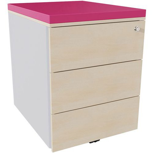 Caisson Mobile 3 Tiroirs Acier Argent/chêne Naturel/pivoine