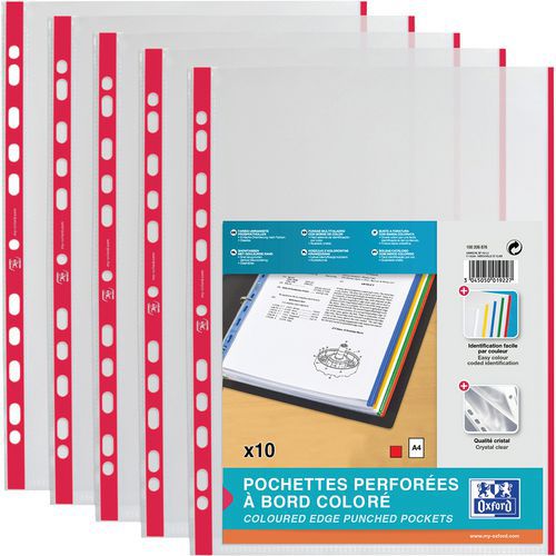 Pochette Perf Oxford Sach10 A4 Pp90 Lisse Bord Colore Rouge