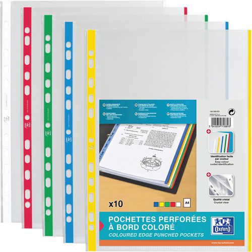 Pochette Perf Oxford Sach10 A4 Pp90 Lisse Bord Colore Ast