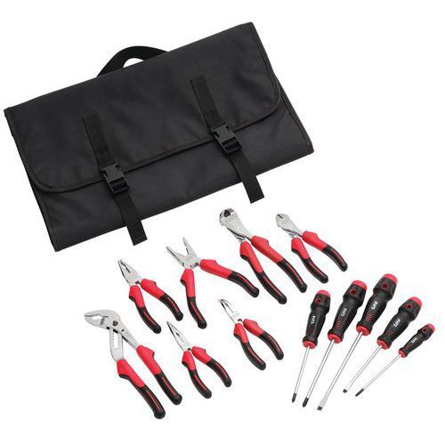 SAM - Composition de maintenance pinces et tournevis - 12 outils - Trousse rouge/noir - Idéal bricoleur