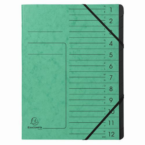 Trieur Agrafé Avec Élastiques Int. Noir 12 Compart. A4 Vert