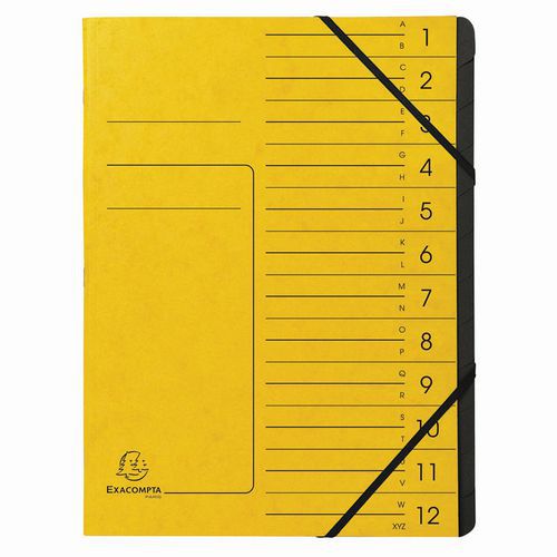Trieur Agrafé Avec Élastiques Int. Noir 12 Compart. A4 Jaune