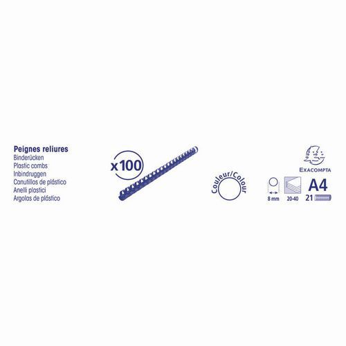 Boite 100 Reliures Spirales Plastique 8mm-bleu