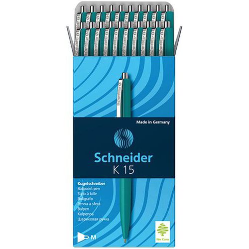 Schneider - Stylo bille K15 - Vert - Lot de 20 - Encre bleue - Idéal bureau