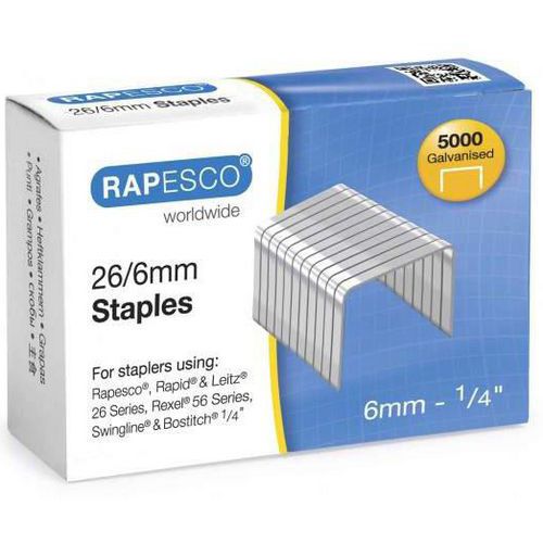 Rapesco - Boîte 5000 agrafes 26/6 galvanisé - 6mm hauteur - Idéal bureau et télétravail