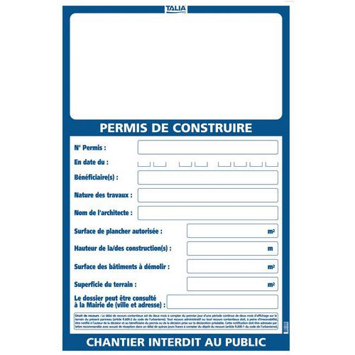Taliaplast - Panneau Permis de Construire Rigide Polypropylène 800x1200mm - Signalétique Indication Sécurité