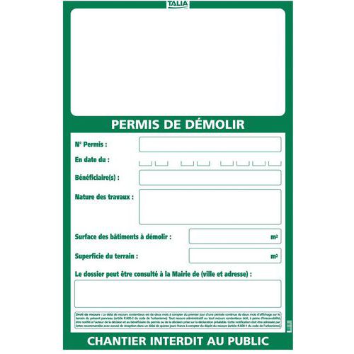 Taliaplast - Panneau Permis de Démolir Rigide Polypropylène 800x1200mm - Signalétique de Sécurité Durable