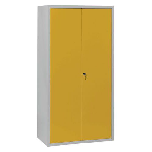 Armoire de ménage L900 Gris clair portes Jaune 1018 - 2 portes, penderie, 4 compartiments, acier, livrée montée, garantie 7 ans