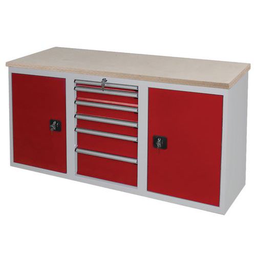 Etabli sur armoire basse - Plateau multiplis Gris clair/Rouge - Anjou Tolerie