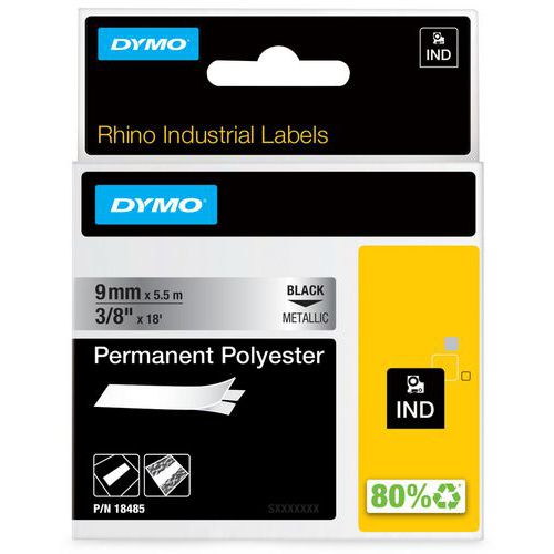 Dymo - Ruban d'étiquettes industriel Rhino 9 mm Noir sur Argent - Polyester Auto-adhésif - 5.5m