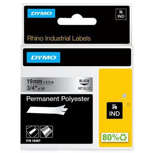 Dymo - Ruban d'étiquettes industriel Rhino noir sur argent 19mm - Polyester auto-adhésif - 5.5m