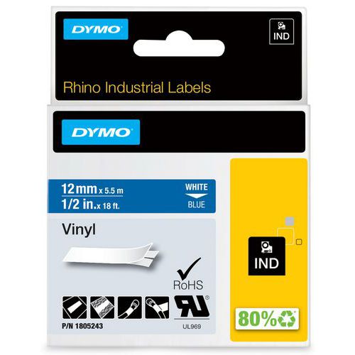 Dymo - Ruban étiquette industrielle Rhino Vinyle blanc sur bleu 12mm - 5.5m - Auto-adhésif et durable