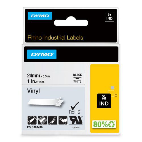Dymo - Ruban d'étiquettes industriel Rhino Vinyle noir sur blanc 24mm - 5.5m - Éco-responsable