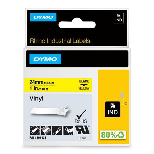 Dymo - Ruban d'étiquettes industriel Rhino Vinyle noir sur jaune 24mm - 5.5m - Auto-adhésif et éco-responsable