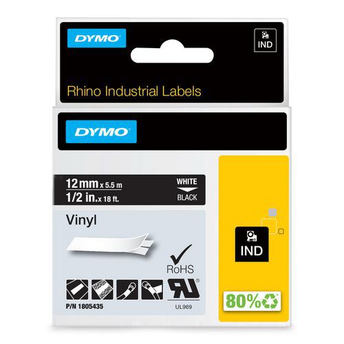 Dymo - Ruban d'étiquettes industriel Rhino Vinyle blanc sur noir 12mm - 5.5m - Auto-adhésif et durable