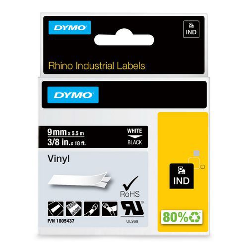 Dymo - Ruban d'étiquettes Vinyle Noir/Blanc 9mm - 5.5m - Industriel Durable - Éco-responsable