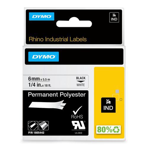 Dymo - Ruban d'étiquette industriel Rhino 6 mm noir sur blanc - Polyester auto-adhésif - 5.5m