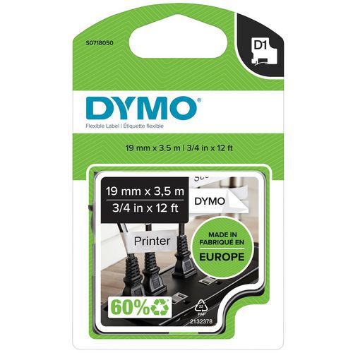Dymo - Ruban d'étiquette D1 Nylon Flexible Blanc 19mm - 3.5m - Éco-responsable
