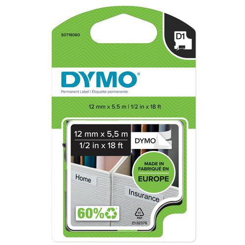 Dymo - Ruban d'étiquette Polyester D1 Permanent noir sur blanc 12mm - 5.5m - Éco-responsable