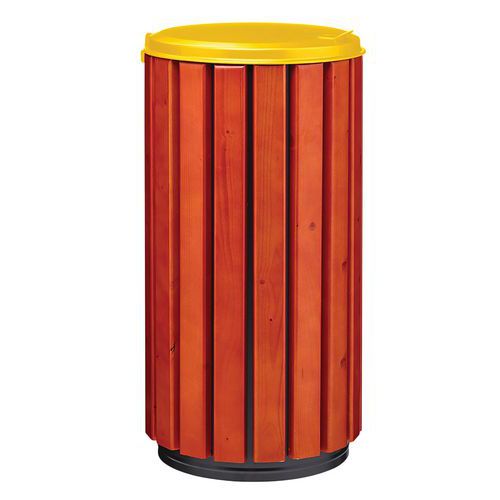 Poubelle D'extérieur Zeno Protec 80l Lattes Bois Couvercle Jaune Acier Poudré