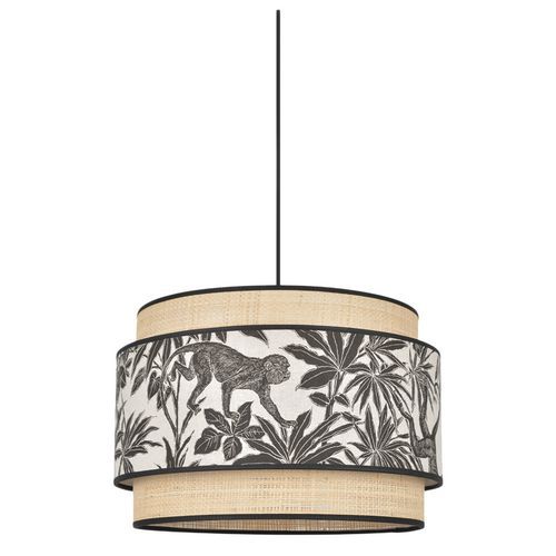 Suspension Double Cylindre Bi-matière En Coton Imprimé Et Raphia