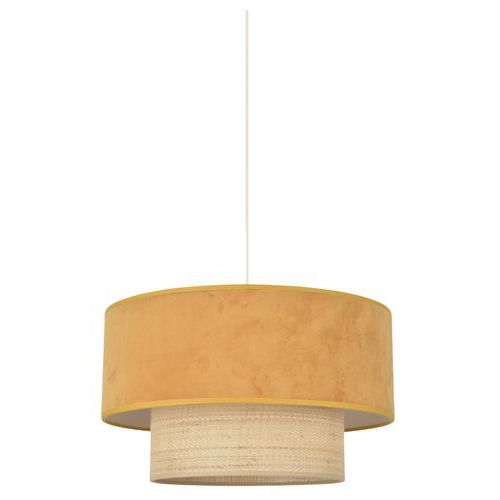 Suspension Double Cylindre En Bi-matière Velours Et Raphia Moutarde