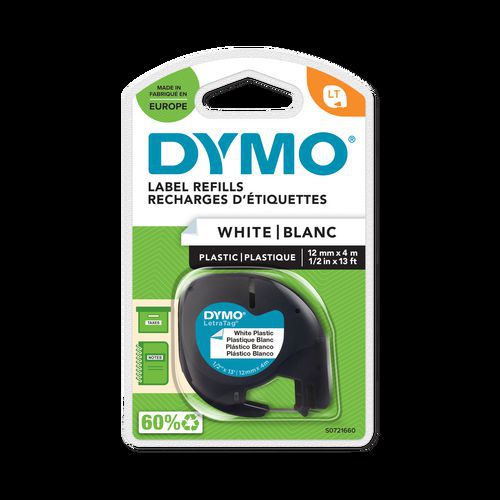 Ruban DYMO pour étiqueteuses LetraTag, plastique 12mmx4m - noir/blanc thumbnail image 1