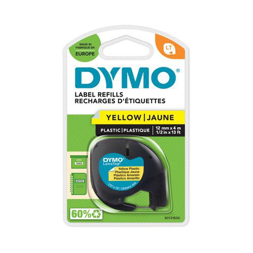 Ruban DYMO pour étiqueteuses LetraTag, plastique 12mmx4m - noir/jaune thumbnail image 1