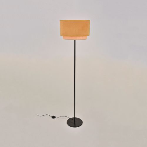 Lampadaire Rond En Métal Bohême. Abat-jour Cylindre En Coton Moutarde