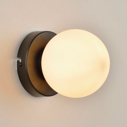 Applique Ronde En Métal Peint. Abat-jour Globe En Verre Dépoli Noir