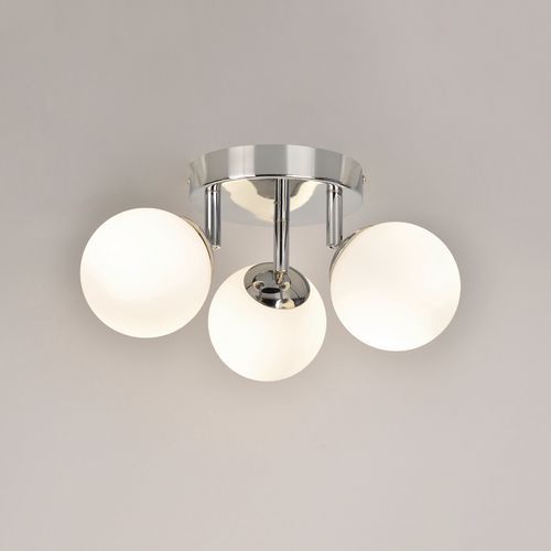 Plafonnier Sdb 3 Lumières Ronde En Métal. Abat-jour Globe Verre Chrome