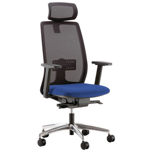Quadrifoglio - Fauteuil de bureau Oregon - Assise bleue, têtière inclinable, piétement alu, ergonomique, réglable