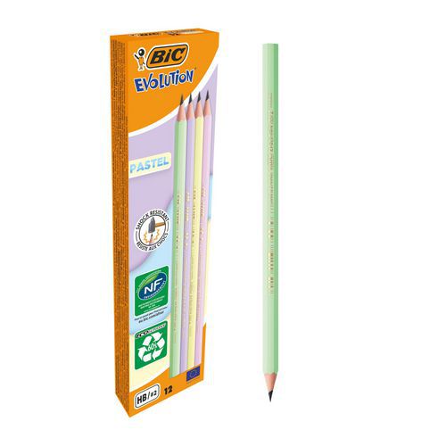 BIC - Crayon graphite HB Evolution Pastel - 4 couleurs assorties - Corps en résine recyclée - Éco-responsable