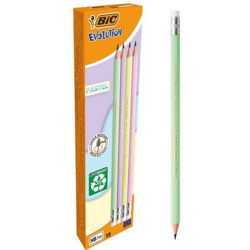 BIC - Crayon de papier Évolution Pastel HB avec gomme - Corps assorti - 52% recyclé - Ambidextre