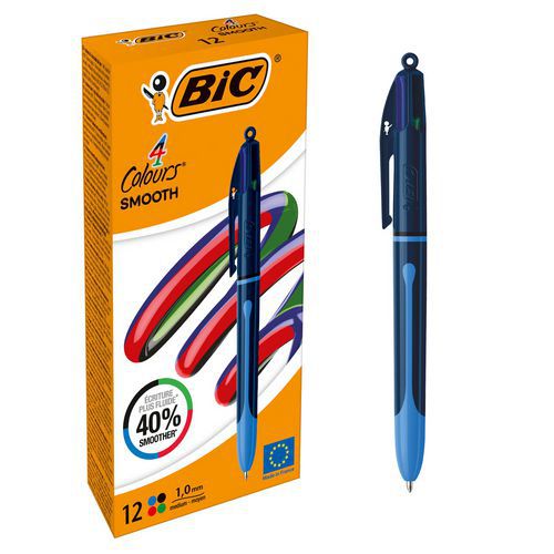 BIC - Stylo bille 4 couleurs Smooth Pro - Encre ultra-glissante - Lot de 12 - Rétractable