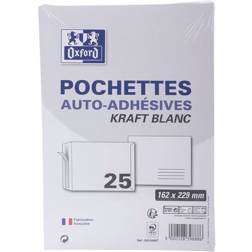 Pochettes 162x229 90g Kraft Blanc Auto Adhésives