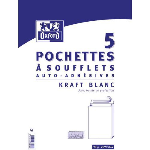 Pochettes 229x324 140g Kraft Blanc Auto Adhésives à Soufflet