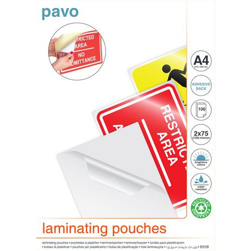 Pavo - Pochette de plastification A4 adhésive 2 x 75 μm - Dos autocollant - Idéal pour documents